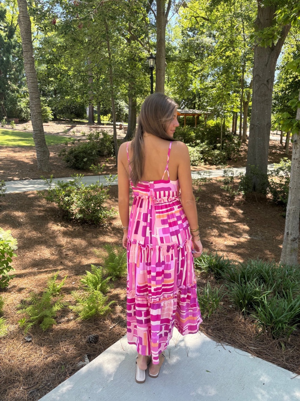 TCEC Abstract Pink & Orange Print Tiered Ruffle Midi Dress - Picture 2 of 7